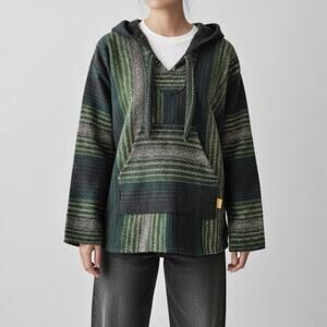 Baja Hoodie Drug Rug Woven Boho Southwestern Ethnic Pullover V Neck Earthy S